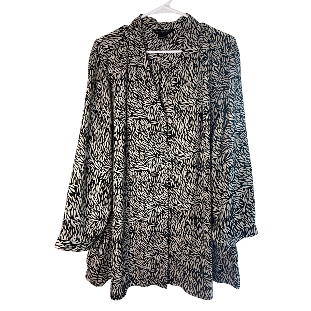 Investments Womens 3X Blouse Black White Abstract Print‎ Button Front Plus Size